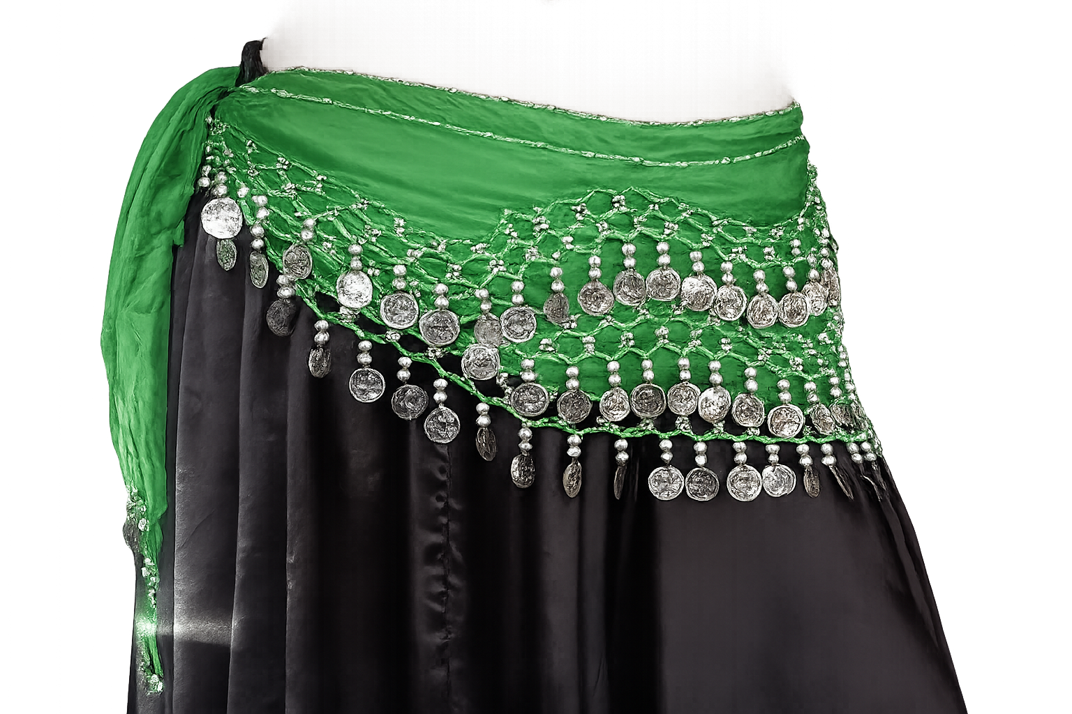 belly dance hip scarf green silver