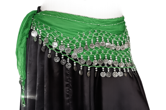 belly dance hip scarf green silver