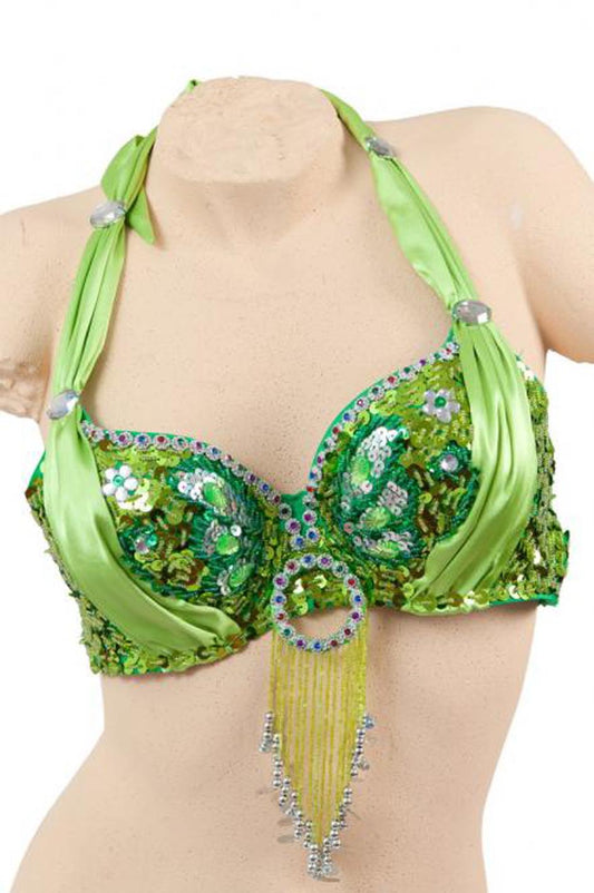Belly dance bra with beautiful sequins in kiwi green.