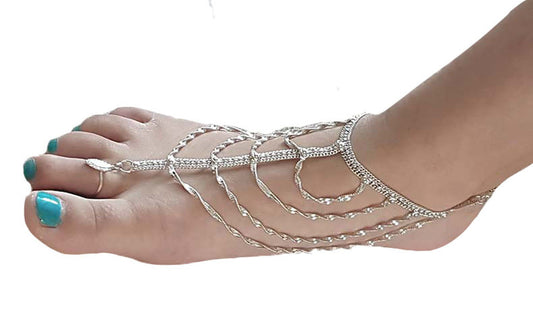 Foot jewelry with adjustable ring and ankle strap in silver