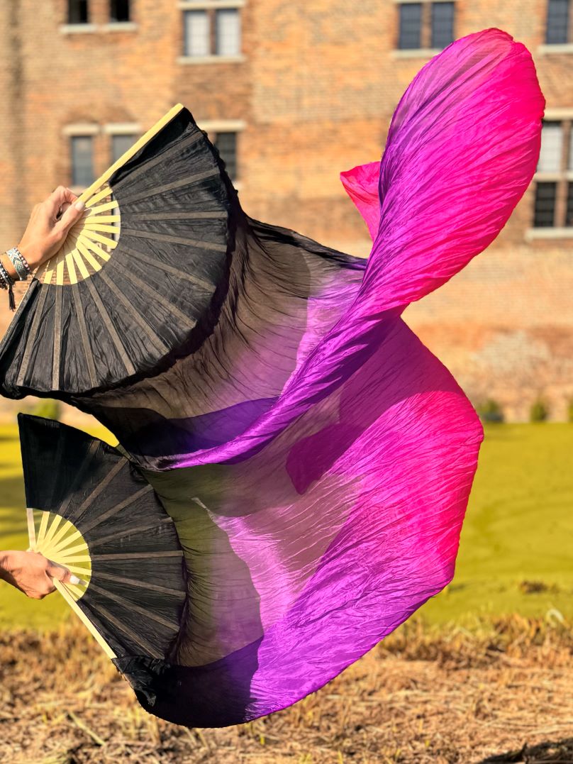 Silk belly dance veil fans in black/purple/fuchsia.