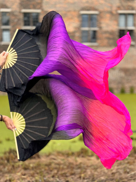 Silk belly dance veil fans in black/purple/fuchsia.