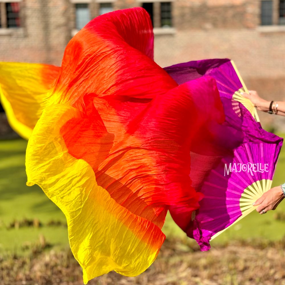 Silk veil fan in purple fuchsia red orange yellow