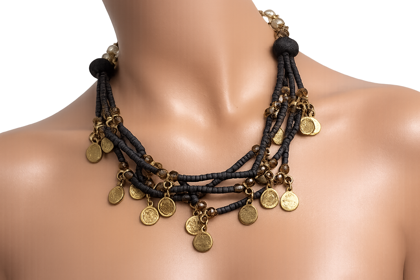 necklace wooden beads and gold coins