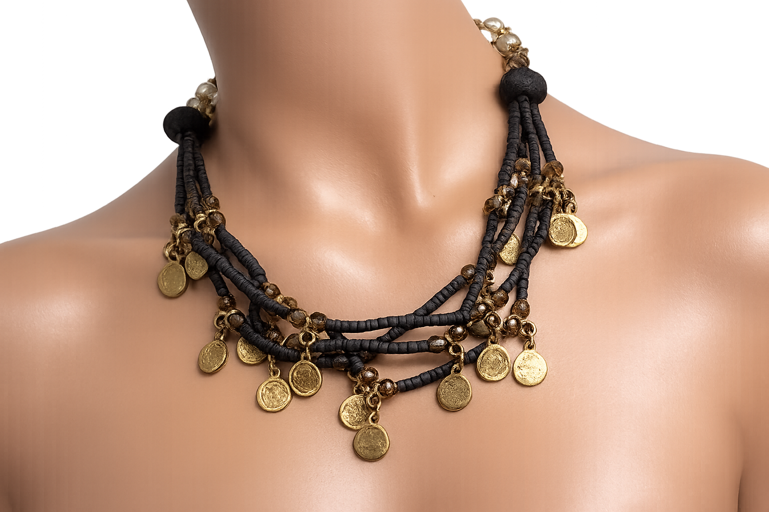 necklace wooden beads and gold coins