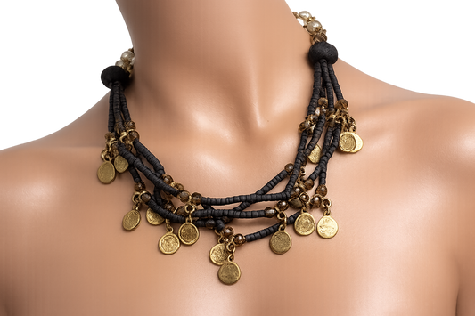 necklace wooden beads and gold coins