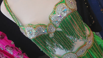 Belly dance costume green - Belt and bra, with jewelry