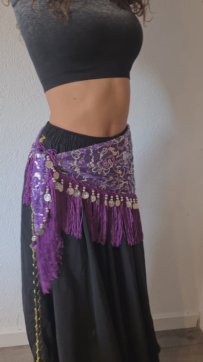 Belly dance hip scarf purple with silver lines and coins