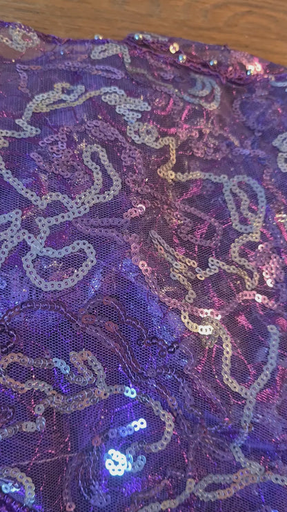 Belly dance hip scarf purple with silver lines and coins