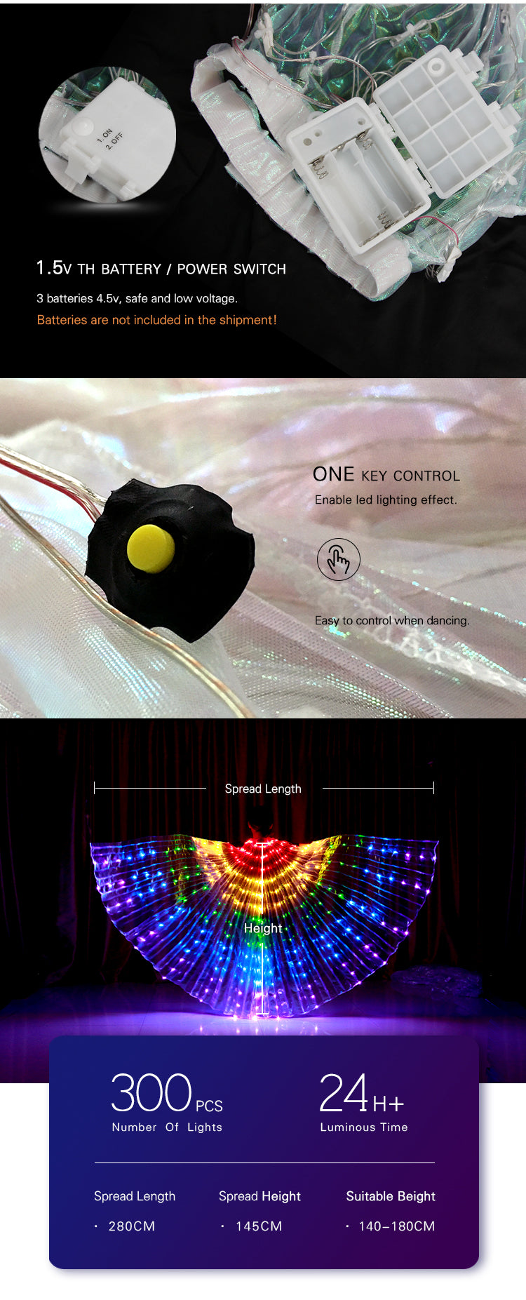 Isis Wings organza (translucent) in white mother of pearl with rainbow led lights.