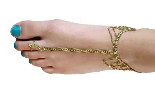 Foot jewelry with adjustable ring and ankle strap in gold